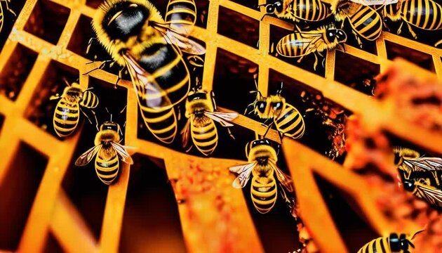 bees swarming in their hive big wings and honey comb hexagon 3D animation 