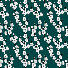 Cherry blossom branch black and white seamless pattern. Design for fabric, wrapping paper, clothing, wallpaper, postcard, banner. Vector illustration