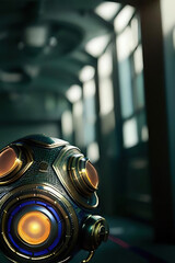 3d rendered illustration of metallic robot head with gas mask. Futuristic technology concept. Aİ generated art.