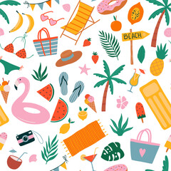 Vector seamless pattern with summer symbols- swimsuit, sunglasses, beach hat, camera,  flamingo inflatable swimming pool ring. Background for summer vacation concept. Summertime beach illustration.
