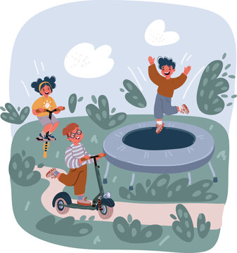 Vector illustration of children's activity in the kinder garden. Boy and girl Boy and girl jump on trampoline, jumpen stick and kick scooter over dark