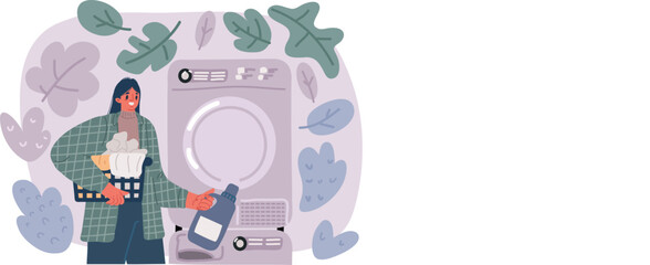 Vector illustration of Woman Washing Clothes. Washing machine behind