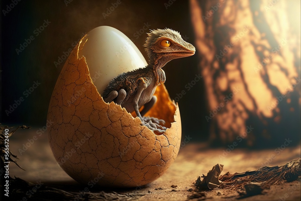 Poster a small bird is sitting inside of an egg shell with a hatched egg inside of it, on a table with drie