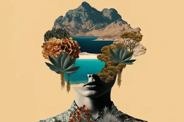 Photo sur Plexiglas Rétro Abstract art, collage with female portrait and mountains, generative ai