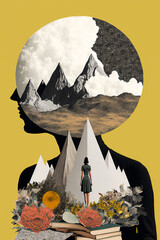 Abstract art, collage with female portrait and mountains, generative ai