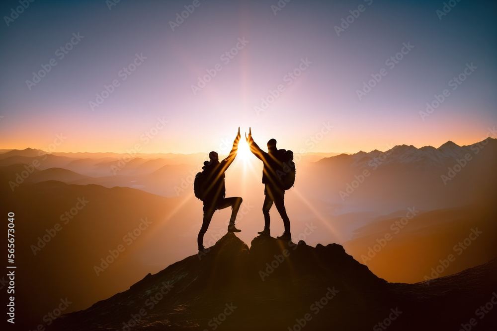 Wall mural accomplishment concept , with silhouette of two hikers giving high five on mountain top, generative  - Wall murals
