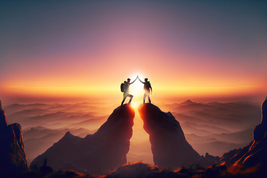 Teamwork concept, with two people giving high five on mountain top, Generative AI illustration