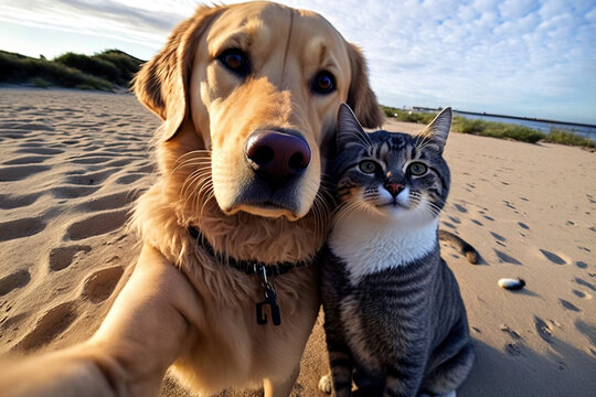 Cat and dog best friends taking a selfie shot. Generative AI illustration