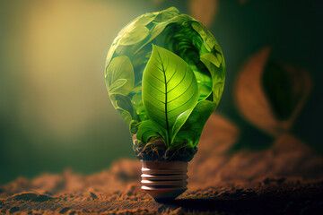 Green energy, lightbulb made from green leaves. Generative AI illustration