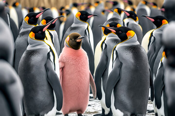 Standing out from the crowd with pink pinguin between penguins. Generative AI illustration - obrazy, fototapety, plakaty
