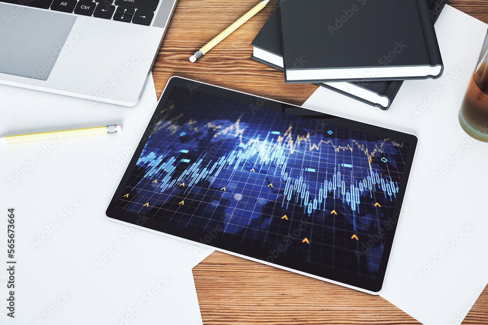 Aufkleber top view of abstract creative financial diagram with world map on modern digital tablet screen, bank