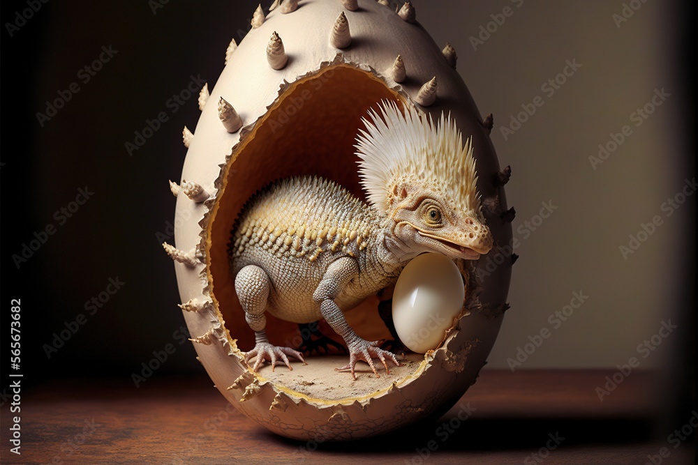 Aufkleber a small lizard inside of an egg shell on a table with a brown background and a black background behi