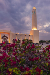 beautiful old mosque illuminated with golden lights in a contrast with a dramatic cloudy skies, red flowers in a foreground. 