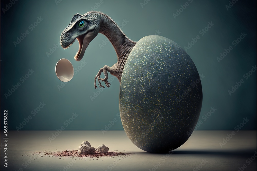 Poster a dinosaur is trying to get out of an egg shell with its mouth open and a third egg is in the backgr