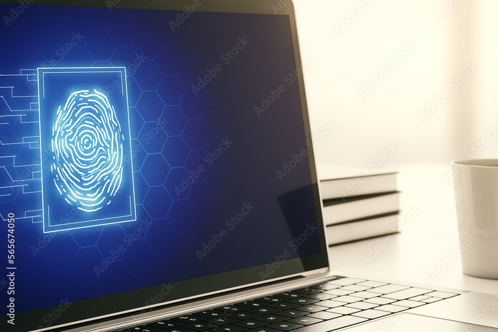 Aufkleber Computer monitor with abstract creative fingerprint illustration, personal biometric data concept. 3D Rendering