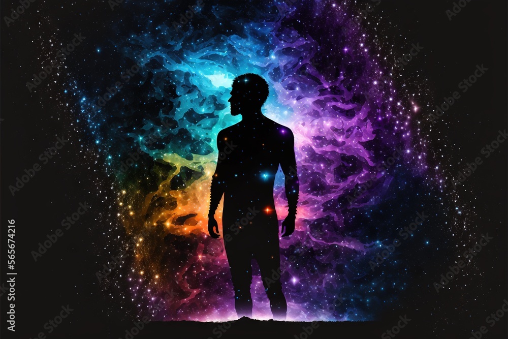 Aufkleber a man standing in front of a colorful background with stars and a star cluster in the center of the 