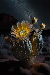 glowing electric cactus flower at night in the desert by generative AI