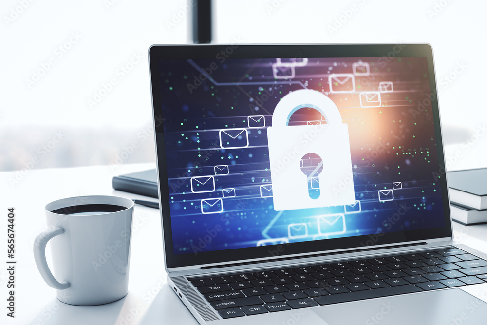 Poster creative lock sketch with email symbols hologram on modern laptop monitor, protection of personal da