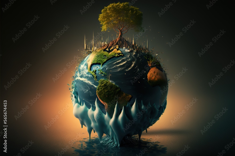 Poster a picture of a tree on top of a world with water and trees on top of it, with a dark background and 
