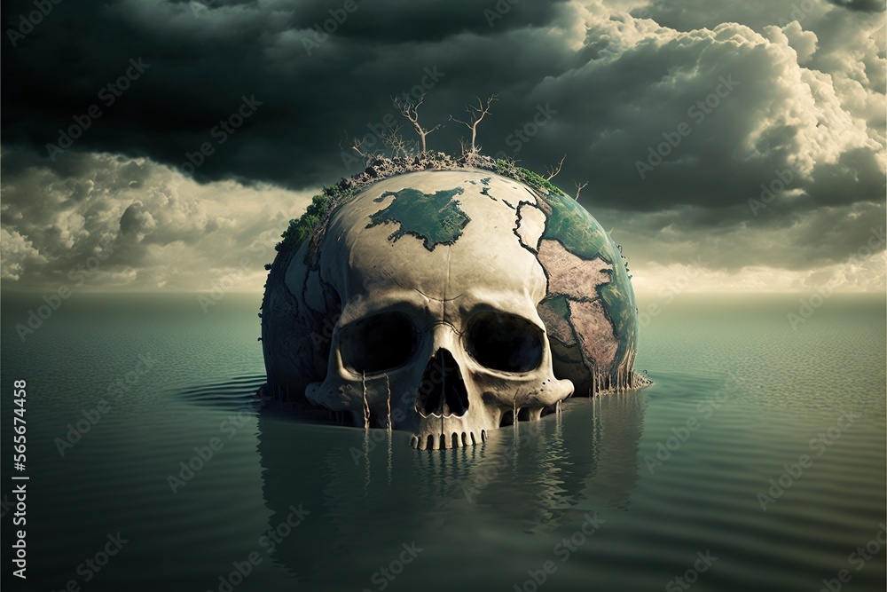 Poster a skull floating in the water with a globe on its head and trees growing on top of it, with a cloudy