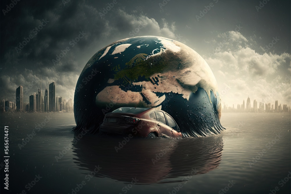 Poster a car is submerged in the water in front of a cityscape with a large globe on top of it, with a city