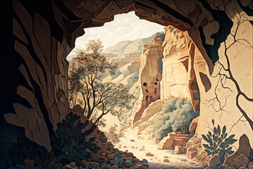 Painting of desert canyon cave by generative AI