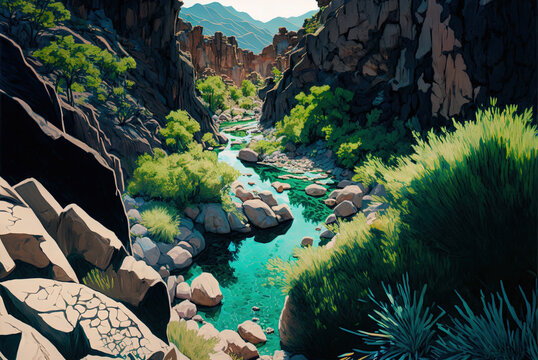 Painting of desert canyon stream by generative AI