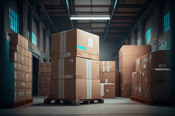 Carton boxes in warehouse for product storage and logistics
