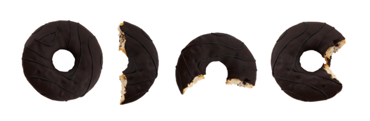 Set of chocolate donuts. Four stages of biting a donut on a white background