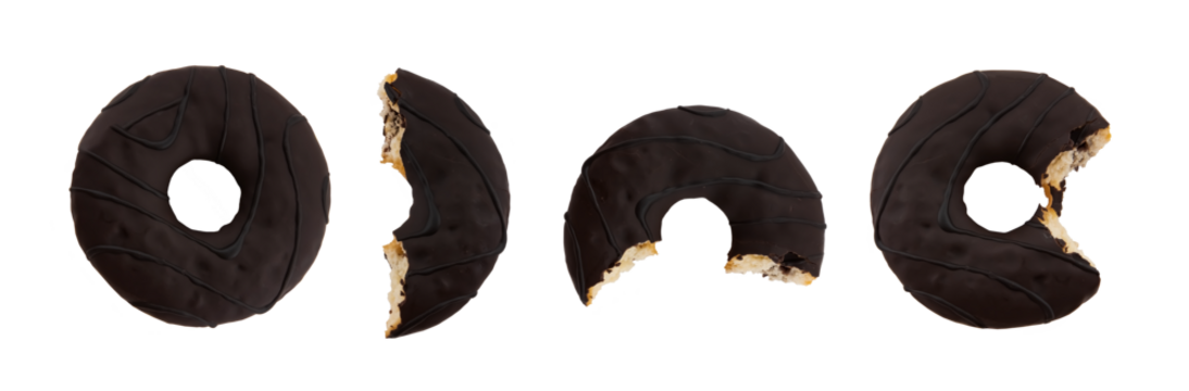 Set of chocolate donuts. Four stages of biting a donut on a white background
