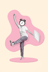 Vertical collage picture of excited black white colors girl clock bell ring instead head hand hold cushion dancing isolated on creative background