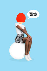 Vertical collage image of shy girl ping pong racquet instead head sitting huge ball asking will u...