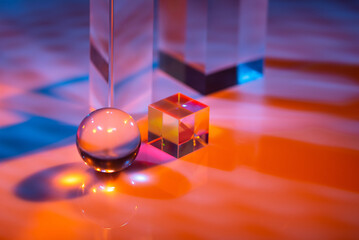 Glass crystal prism. Multicolor light effect