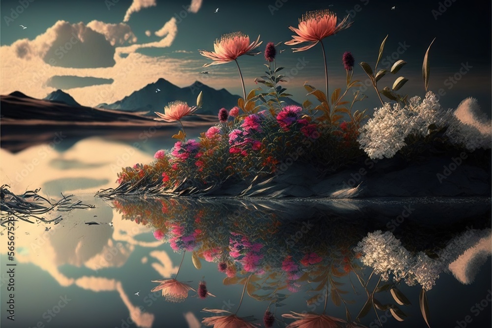 Poster a painting of flowers and a lake with a sky background and clouds in the background with a reflectio