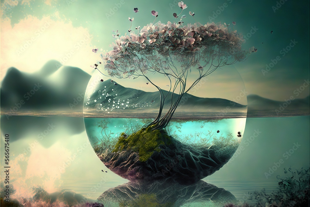 Poster a tree in a bowl with water and a sky background with clouds and mountains in the background, with a