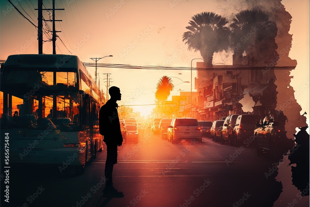 Poster a man standing on a street next to a bus at sunset with a palm tree in the background and a double d