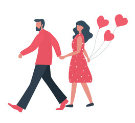 Valentine's day illustration. Young man walks with young woman holding hands. Young couple with heart shaped balloons. Vector illustration