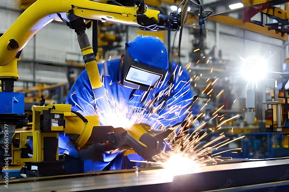 Wall mural Welder welding in a industrial factory. AI Generative Illustrations