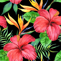 
Watercolor tropical hibiscus flowers in a seamless pattern. Can be used as fabric, wallpaper, wrap.