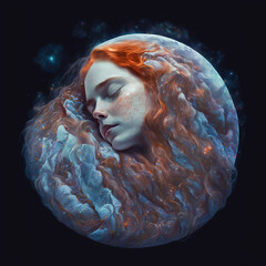 Mujer bella durmiendo dentro de la luna, pelirroja y con pecas