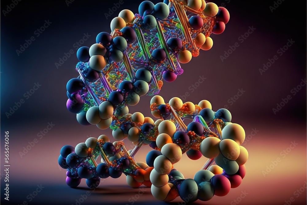 Poster a model of a structure with many balls and a spiral design on it's side, with a black background and