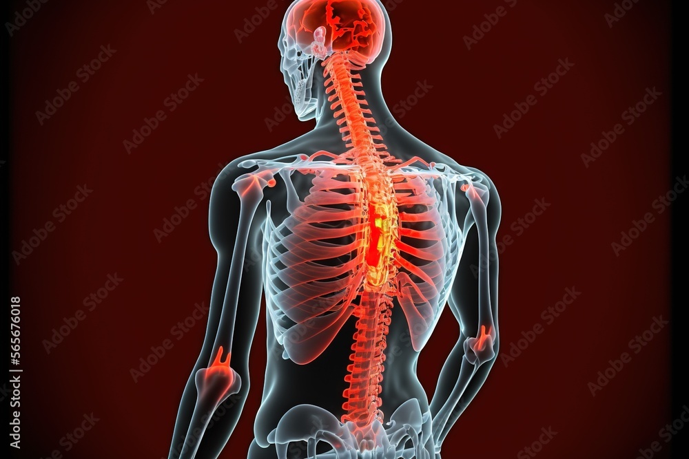 Poster a skeleton with a highlighted back and neck highlighted in red and black colors, with a highlighted 