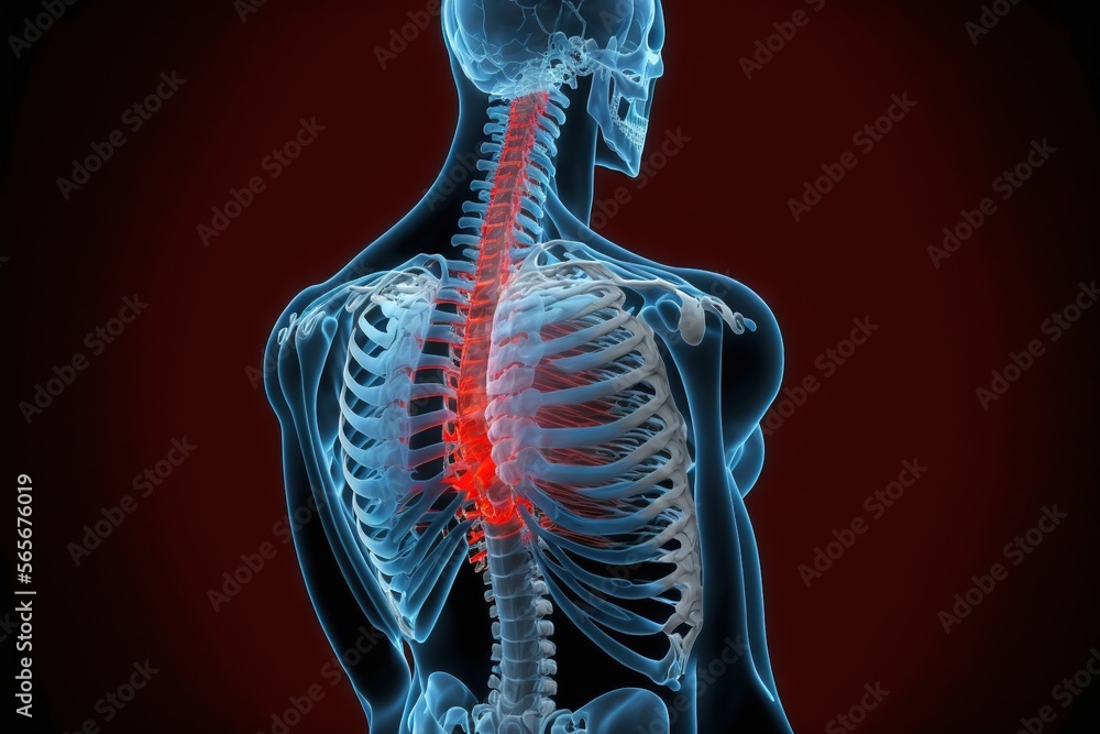Poster a skeleton with a highlighted back and neck highlighted in red highlighted in the upper part of the 