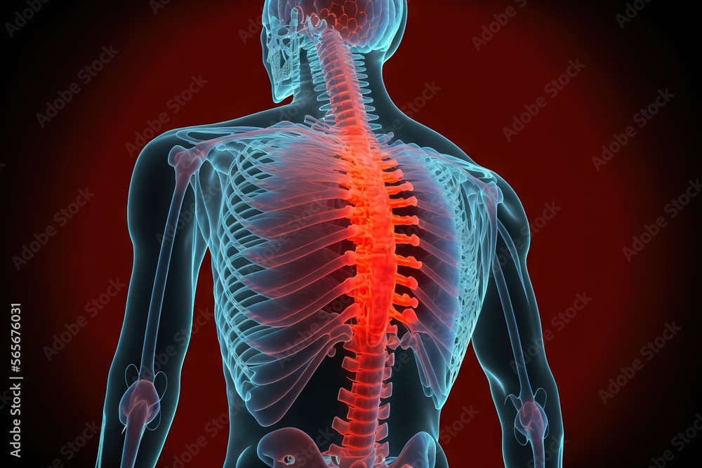 Poster a skeleton with a highlighted back and a highlighted neck area is shown in red and blue colors, with