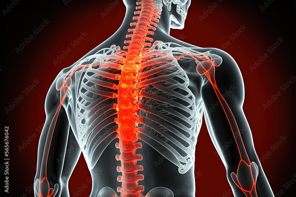 Poster a skeleton with a highlighted back and red highlighted ribs is shown in this image, it appears to be