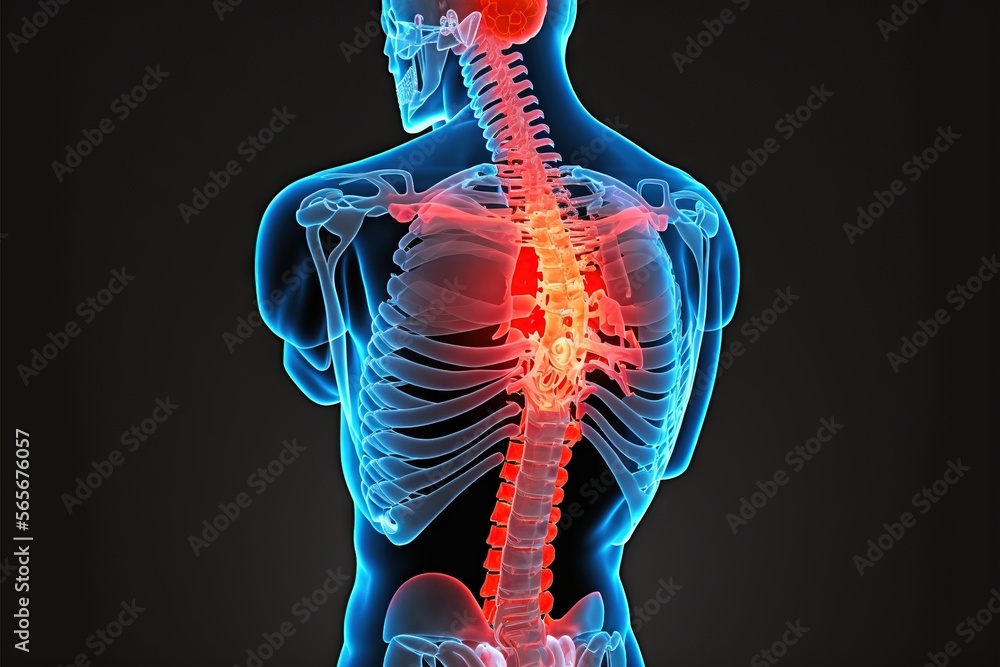Poster a skeleton with a highlighted back and neck highlighted in red and blue light, with a highlighted ba