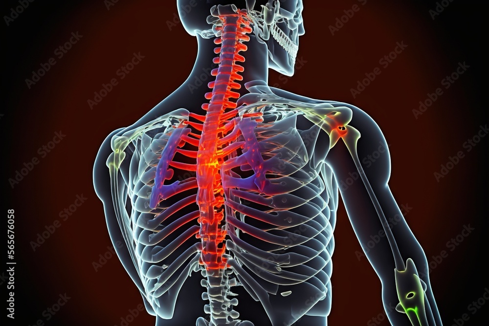 Poster a skeleton with a highlighted back and neck highlighted in red and green highlighted in green and ye