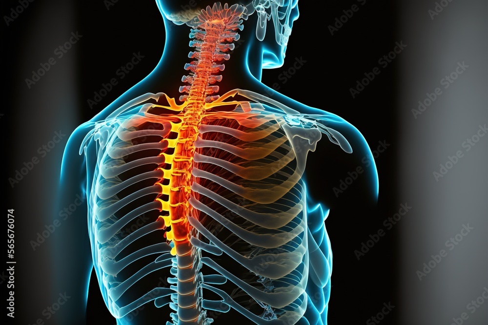 Poster a skeleton with a highlighted back and neck highlighted in red and yellow light, with a highlighted 
