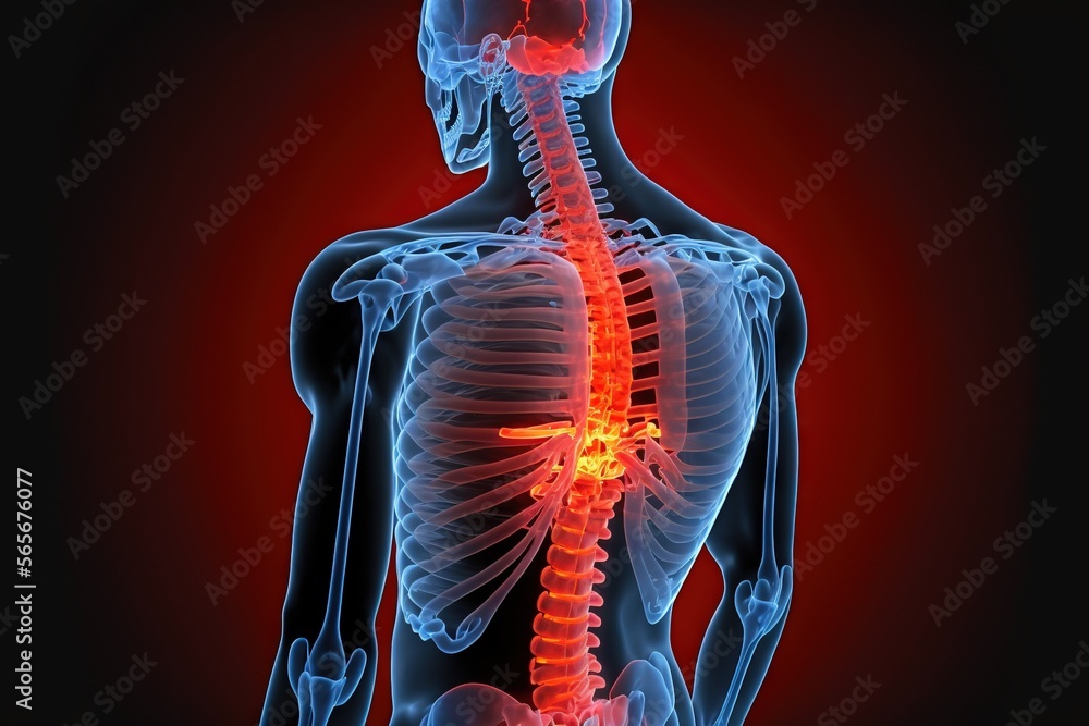 Poster a skeleton with a highlighted back and neck highlighted in red light, with a highlighted back and ne
