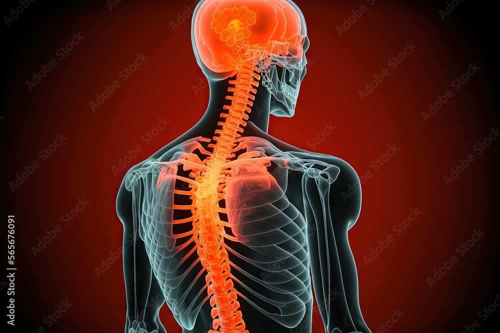 Poster a skeleton with a highlighted back and neck highlighted in red and blue light, with a highlighted ba